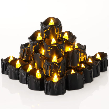 Homemory 24-Pack Melting Black Candles Battery Operated Tea Lights, Halloween Flameless Flickering Candles, Ideal for Holiday Decor, Theme Party, 1.58" Dia X 1.2''H, Warm White Glow