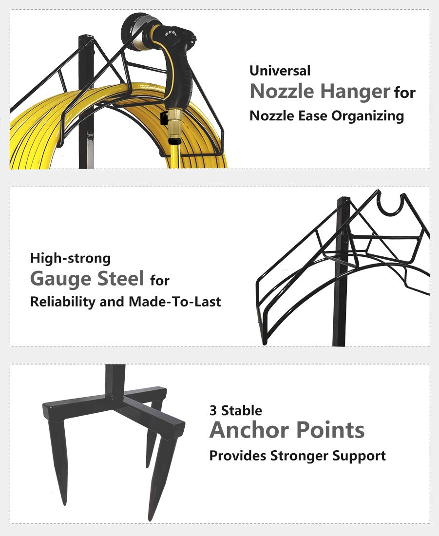 Artigarden Freestanding Garden Hose Holder Hanger, Heavy Duty Metal Water Hose Reel Storage Stand Rack for Yard Lawn, Bright Black (Hose not Included)