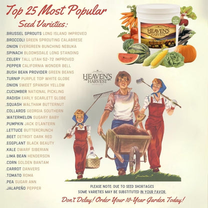 Heaven’s Harvest - 10 Year Survival Or Homestead Garden | 25k+ Heirloom Vegetable Seed Bank Kit | Includes Free Clyde’s Garden Planner & Seed Vault Storage Drum | Non-GMO