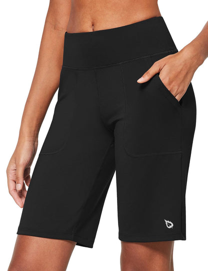baleaf Women's 10" Bermuda Long Shorts Running Athletic Shorts High Waisted Casual Summer Knee Length Black Size L