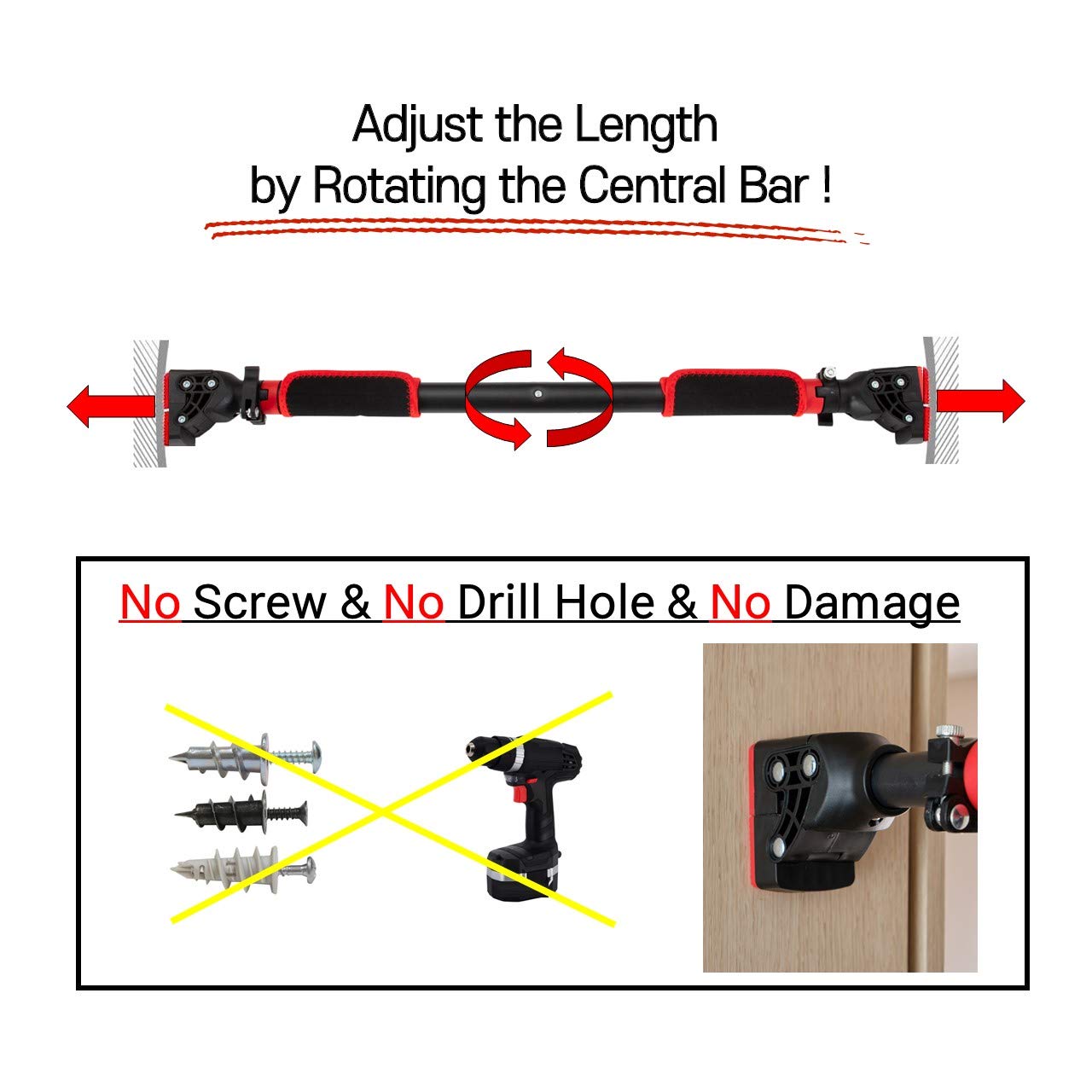 HARDYROAR Pull Up Bar - Safe Locking Home Doorway Chin Up Bar - No Screw Installation, Upper Body Workout, 29.5 to 37.5 Inches Adjustable Width