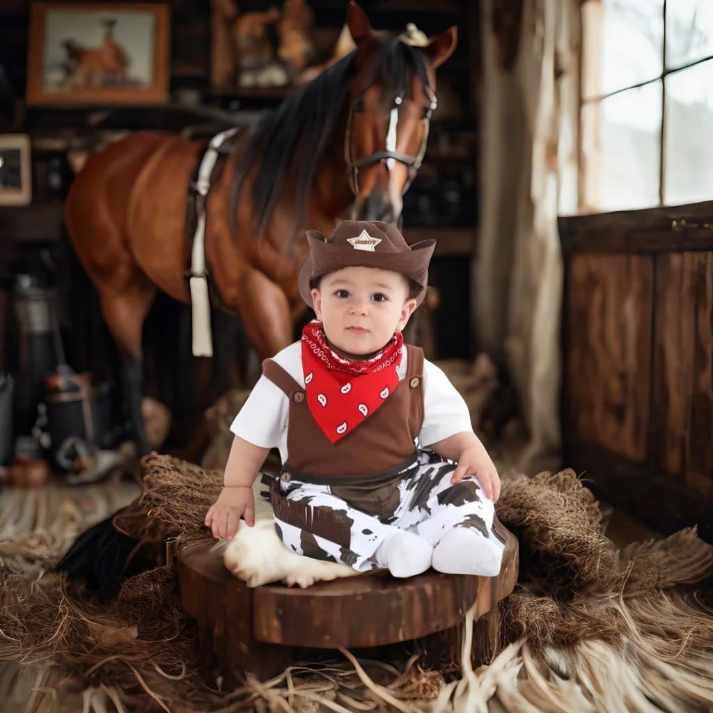 A&J DESIGN Halloween Baby Boys' Western Cowboy Romper Sets With Scarf And Hat Overall(0-6 Months, Brown)