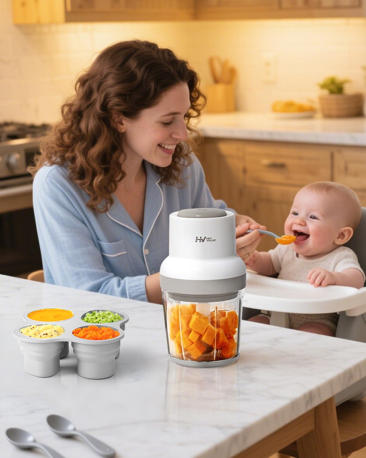 Baby Food Maker, HEYVALUE 13-in-1 Food Processor Set, Fruit, Vegatable, Meat, Baby Puree Blender with Baby Containers, Food Freezer Tray, Silicone Spoons, Spatula (Gray)