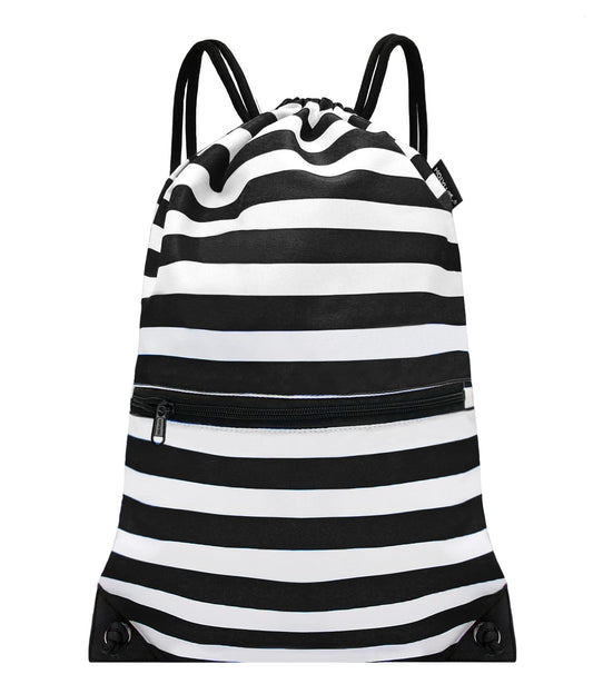 HOLYLUCK Drawstring Backpack Bag Sport Gym Sackpack (Black and white stripe)
