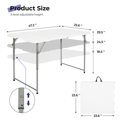 Byliable Folding Table 4 Foot Portable Heavy Duty Plastic Fold-in-Half Utility Table Small Indoor Outdoor Adjustable Height Folding with Carrying Handle, Camping and Party,White