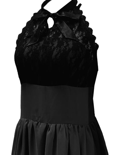 Women's Sleeveless Gothic Lace Dress with Corset Halter Lace Swing Cocktail Dress Black