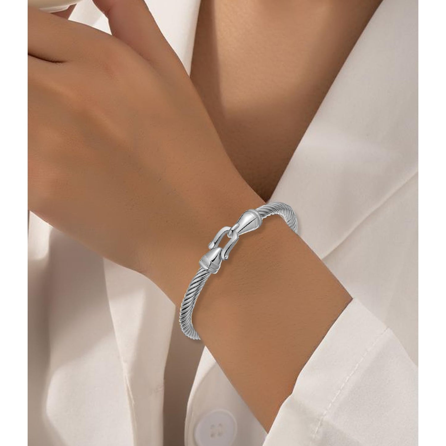 BOLAGTIER Stainless Steel Twisted Cable Wire Bracelets with Hook Adjustable Cuff Bangle Bracelet Vintage Jewelry Gift for Women (Silver, Medium)