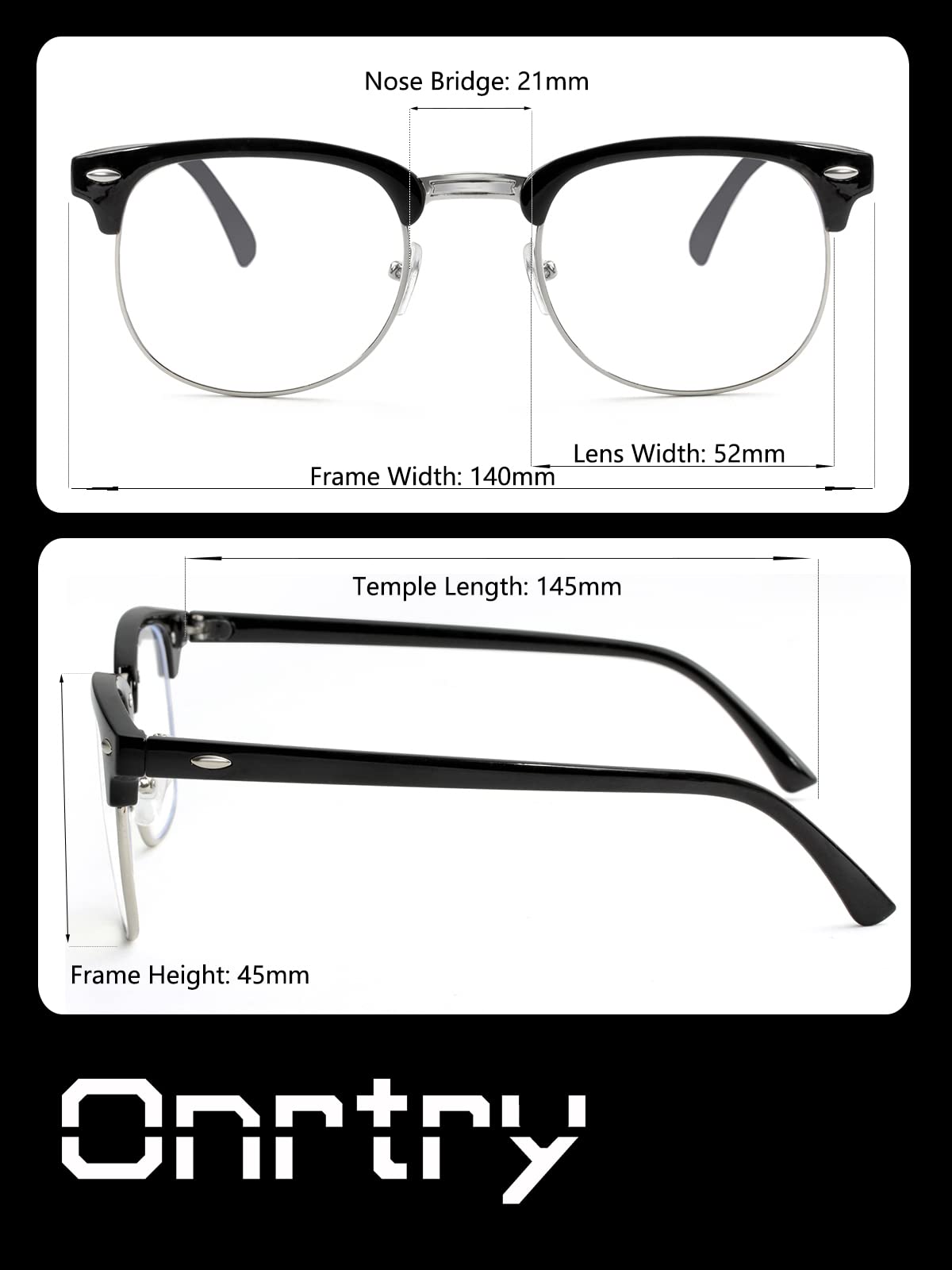 Blue Light Blocking Glasses for Women Men Classic Semi Rimless Fake Nerd Anti Blue Ray Computer Eyeglasses (Bright Black/Silver)