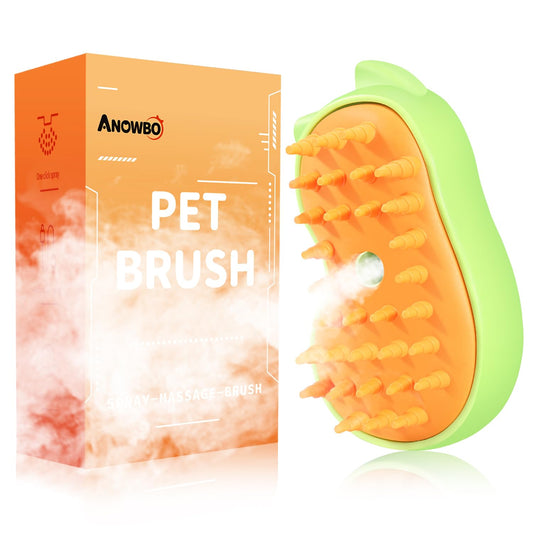 Anowbo Rechargeable 3in1 Self-Cleaning Steam Grooming Brush for Cat and Dog Shedding - 2 Gears for Long/Short Hair - Green