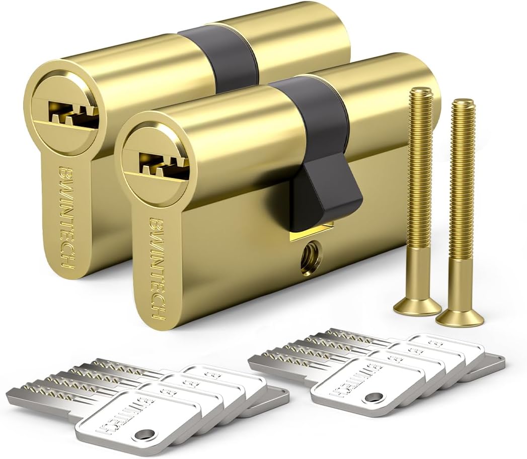 Bwintech Keyed Alike 30/30 mm Euro Brass Cylinder, 60 mm Key/Key Cylinder Lock with 10 Horizontal Brass Keys, Anti Picking, Anti Drill, Anti Bumping, Polished Brass Finish
