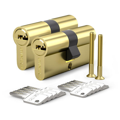 Bwintech Keyed Alike 30/30 mm Euro Brass Cylinder, 60 mm Key/Key Cylinder Lock with 10 Horizontal Brass Keys, Anti Picking, Anti Drill, Anti Bumping, Polished Brass Finish
