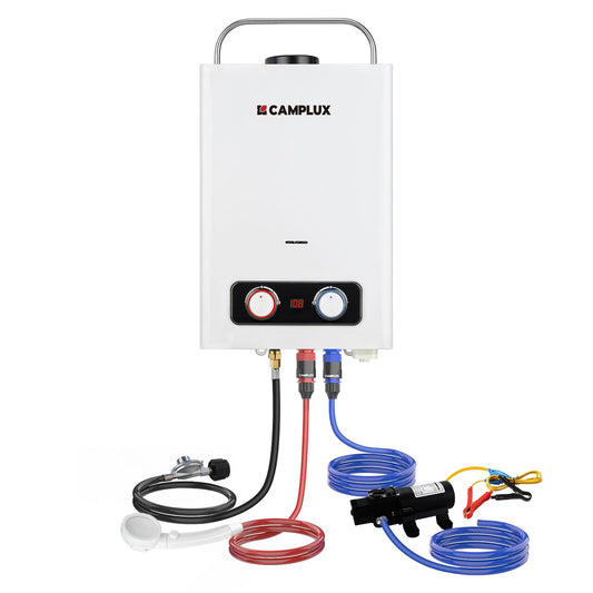 CAMPLUX 1.58 GPM Portable Tankless Water Heater with Water Pump Kit, Propane Water Heater Outdoor with 1.2 GPM Pump, 41,000 BTU, BD158P43
