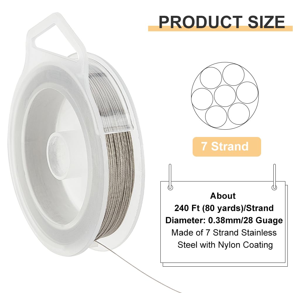 BENECREAT 240-Feet 0.015inch (0.38mm) 7-Strand Bead String Wire Nylon Coated Stainless Steel Wire for Necklace Bracelet Beading Craft Work