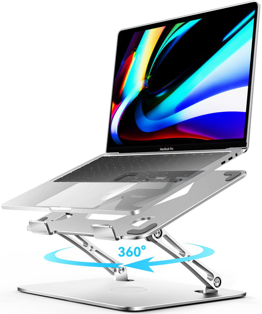 ivoler Adjustable Laptop Stand with 360° Rotating Base, Ergonomic Laptop Stand for Desk, Foldable & Portable Laptop Riser, for Collaborative Work, Fit MacBook Laptops up to 16 inches Silver