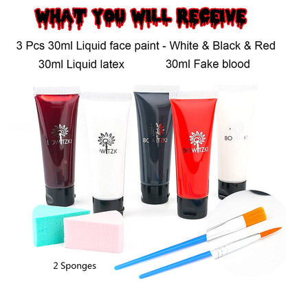 Bowitzki Halloween Makeup Kit Cream Face Paint Water Based Liquid Latex Fake Blood Brush Sponges Body Painting Special Effects SFX Zombie Vampire Monster Christmas Party red black white