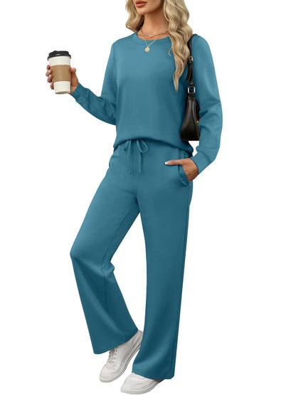 ANRABESS Women's 2 Piece Lounge Sets Casual Travel Outfits Wide Leg Tracksuit Sweatsuits Matching Set 2025 Fall Clothes Teal Medium