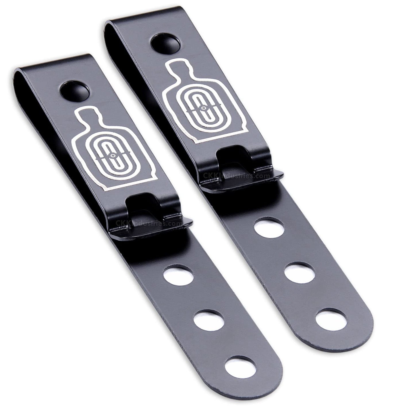 HolsterSmith Universal Metal Belt Clip for Holster Making - (Model 5) - (3-Hole) - (Tactical Black) - (w/Silhouette Target Engraving) - (2 Pack)