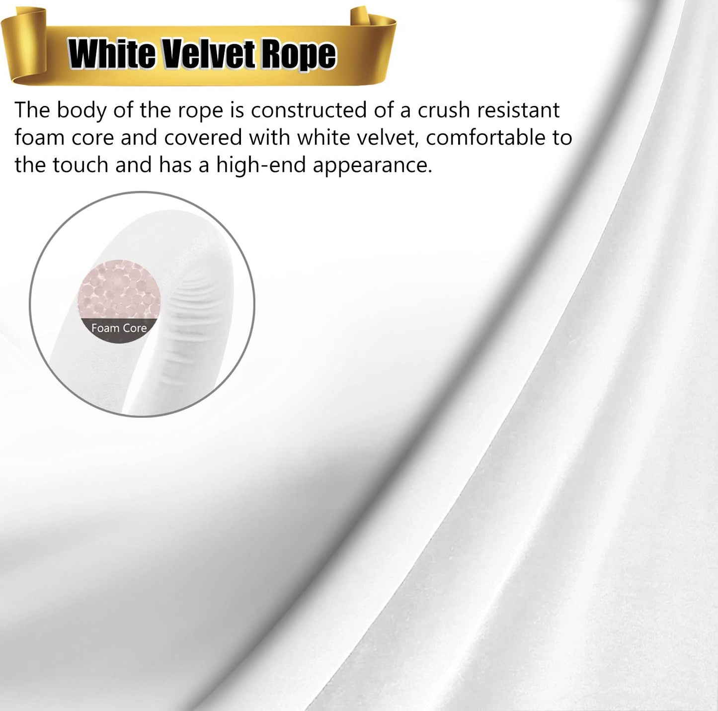 Hrokz 5 Ft Velvet Stanchion Ropes White, 4 Pack Crowd Control Rope Safety Queue Barrier with Gold Hook, VIP Rope for Party Events Decor