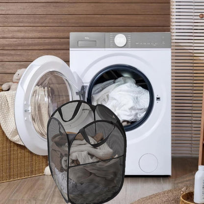 Buenod 2 Packs Mesh Pop up Laundry Hamper (Black) with Portable Handles, Collapsible for Storage, Foldable Pop-Up Laundry Bags for Kids Room, College Dorm or Travel