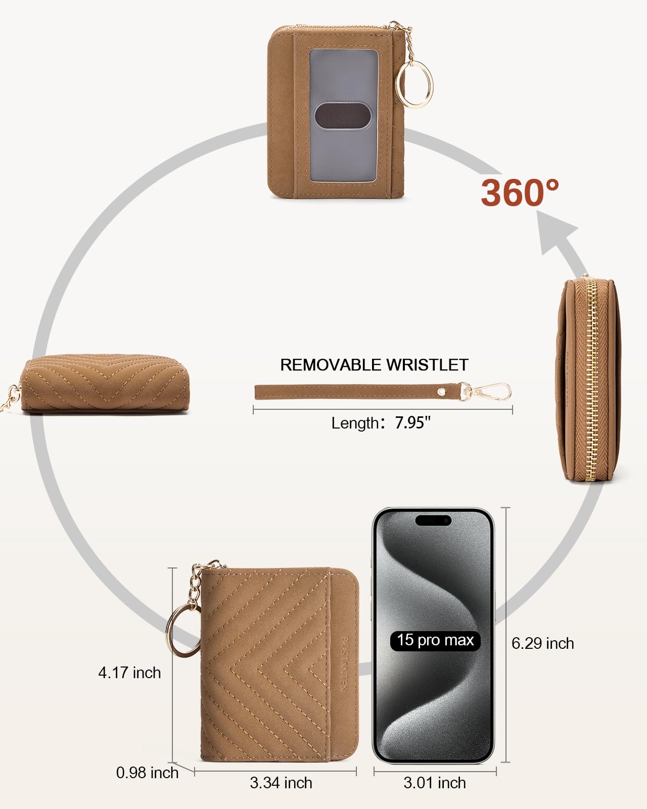BOSTANTEN Credit Card Holder Wallet RFID Blocking Leather Small Wallet for Women Zipper Keychain Wallet with Wristlet Suede Brown