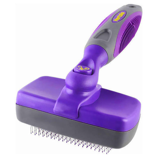 Hertzko Self-Cleaning Slicker Brush - Cat and Dog Brush for Shedding, Tangles and Dirt - Gentle Grooming Tool for Sensitive Skin - Pet Hair Remover for Long and Short Coats - Purple