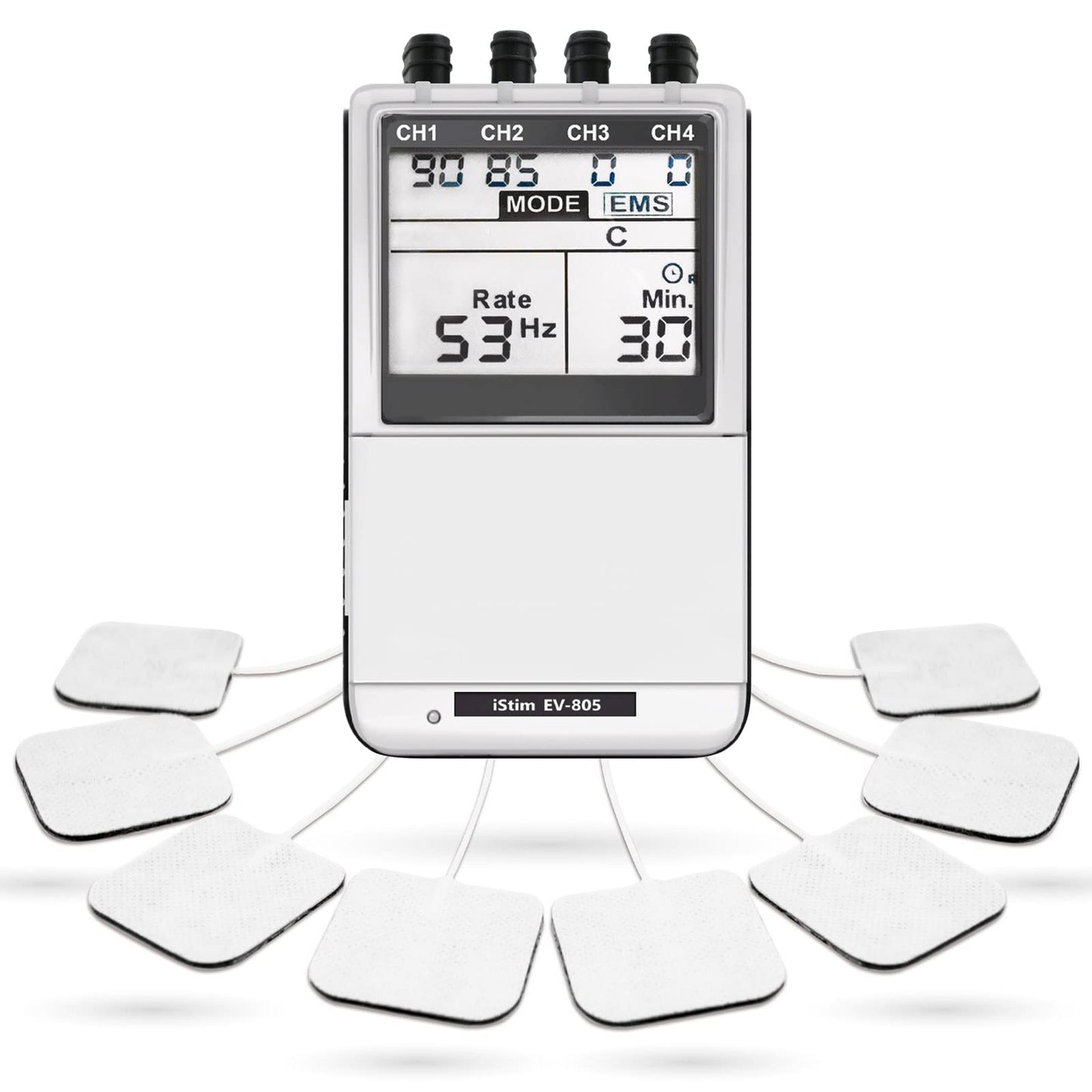 iSTIM EV-805 TENS EMS 4 Channel Rechargeable Combo Machine Unit - Muscle Stimulator + Back Pain Relief and Management- 24 Programs/Backlit (Including Electrodes Pads)