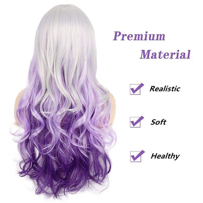 Beweig Long Curly Wavy Silver Grey to Purple Wig Side Part Natural Looking Synthetic Cosplay Wig for Women