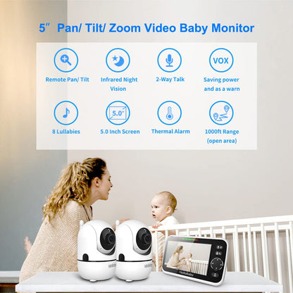 HelloBaby 5’’ Baby Monitor with 26-Hour Battery, 2 Cameras Pan-Tilt-Zoom, 1000ft Range Video Audio Baby Monitor No WiFi, VOX, Night Vision, 2-Way Talk, 8 Languages and Baby Registry Search