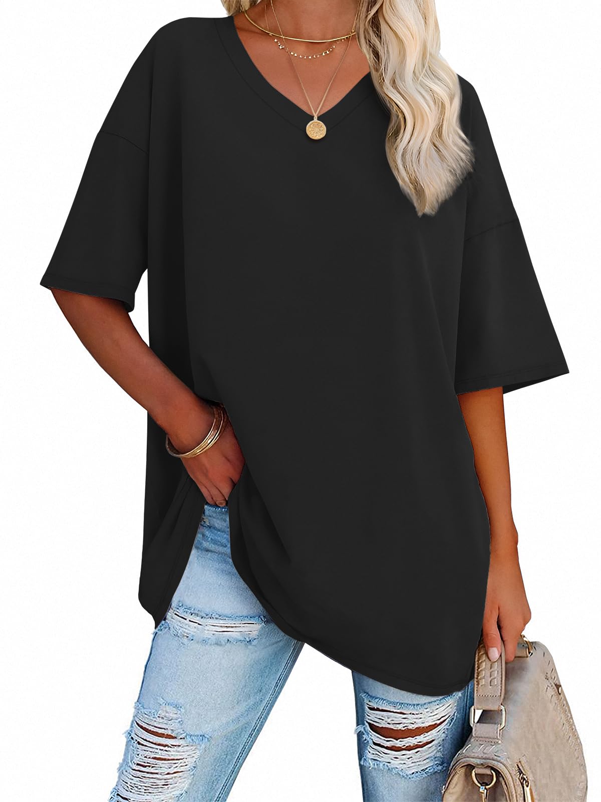 ATHMILE Womens Summer Oversized Shirts V Neck Plus Size Spring Workout Tops Beach Vacation 2025 Gym Clothes Black