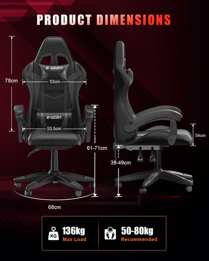 Bigzzia Gaming Chair with RGB LED Lights, High Back Ergonomic Computer Gamer Chair with Headrest and Lumbar Support, Racing Style Reclining Game Chair for Adults, Kids (Black)