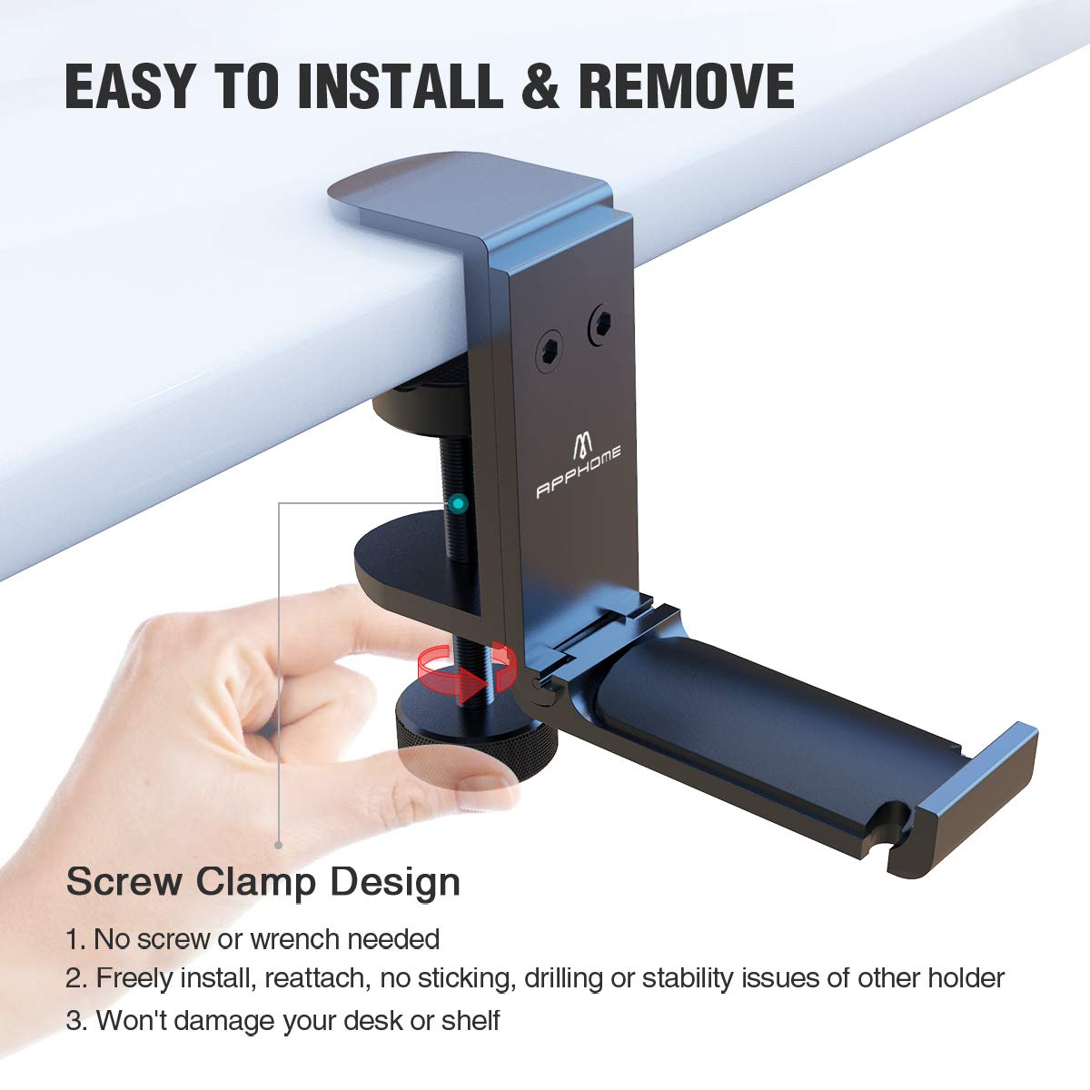 APPHOME 2Pack Upgrade Foldable Headphone Stand Under Desk PC Gaming Headset Hanger Holder Hook Clamp with Built in Cable Clip Organizer Space Save Mount Fold Upward Not in Use, Universal Fit, Black