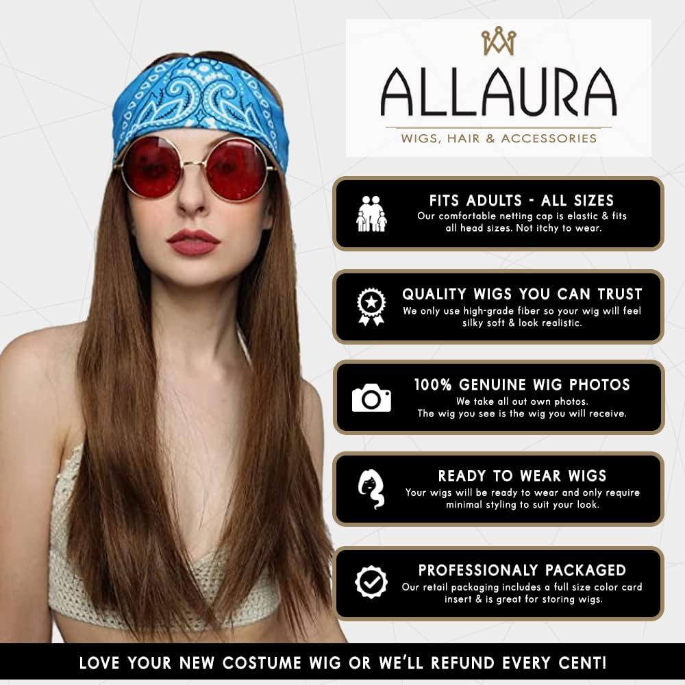 ALLAURA Compatible with Janis Joplin Wig – 3pc Long Brown Hippie Wig Costume Set with Bandana & Glasses – 60s 70s Unisex Hippy Look for Men & Women, Retro Festival Style, Halloween, Music Icon Cosplay