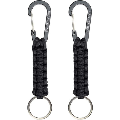 BRAVESHINE Keychain Hook with Paracord Strap 2 Pack Black Metal Key Ring Carabiner Hanger Para Cord D Locking Keyring Clip for Keys, Backpacks, Boys, Girls, Men, Women, Camping, Hiking, Travailing