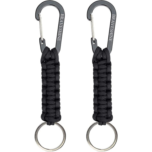 BRAVESHINE Keychain Hook with Paracord Strap 2 Pack Black Metal Key Ring Carabiner Hanger Para Cord D Locking Keyring Clip for Keys, Backpacks, Boys, Girls, Men, Women, Camping, Hiking, Travailing