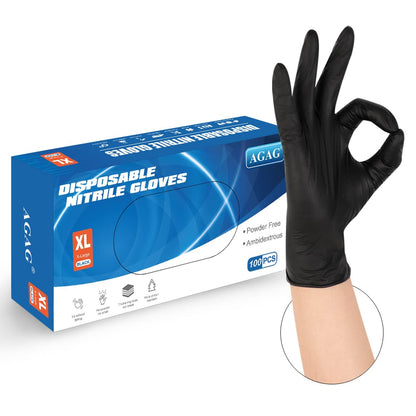 AGAG Black Nitrile Disposable Gloves 100 PCs 5mil Latex Free Ultra Strong Nitrile Gloves, Industrial, Food Safe (X-Large)