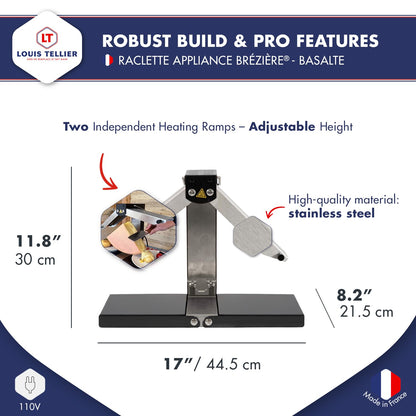 BRON COUCKE - Commercial Raclette Cheese Melter "Brézière" Basalte- Traditional French Raclette For Quarter Wheel – 4-Person - Adjustable Heating Rods - Foldable - Safety Switch - 110V