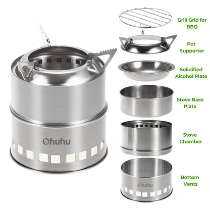 Camping Stove, Ohuhu Camp Stove Wood Burning Stove Stainless Steel Stoves Mini Portable Stove for Camping Picnic BBQ Backpacking Hiking Survival Emergency Cooking Outdoor with Grill Grid Carry Bag