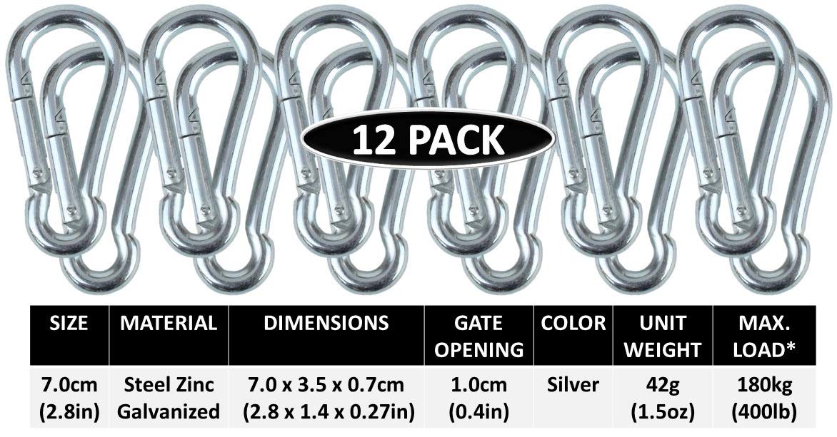 Branded Boards Black & Silver Zinc-Galvanized Heavy Duty Bushcraft Carabiner Spring Snap Clip Link Hooks 200-500lb Load 2, 6 & 12 Packs (Silver-7cm-12 Pack)