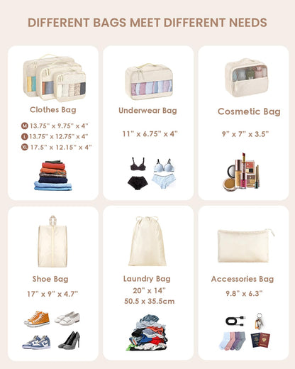 8 Set Packing Cubes, Travel Essentials for Carry on Luggage, Suitcase Organizer Bags Set for Travel Accessories in 4 Sizes(Extra Large, Large, Medium, Small)，Cream