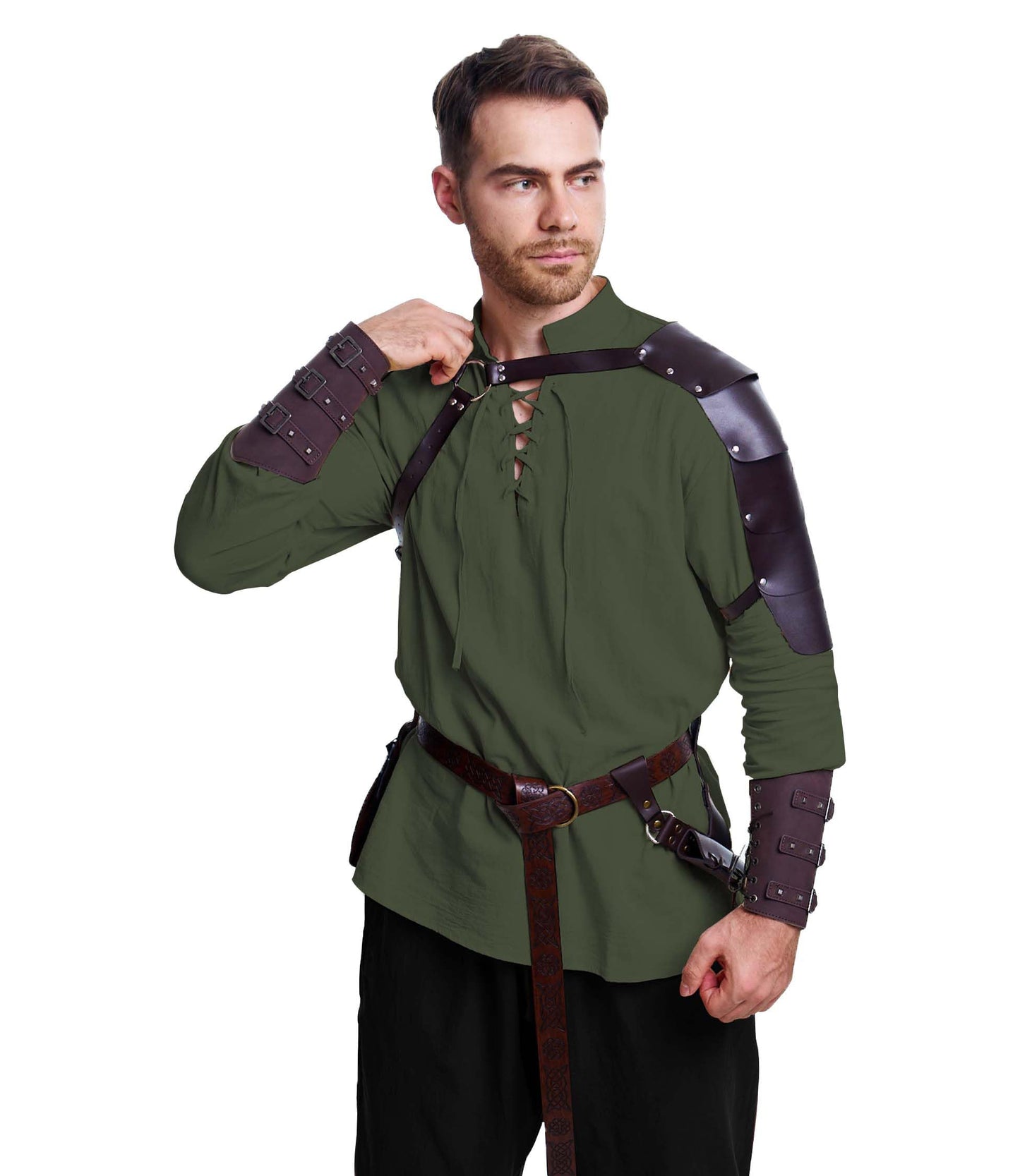 8 Pcs Men's Renaissance Costume Halloween Medieval Pirate Shirt Pant Viking Costume Accessories Set (Vivid Color, Large)