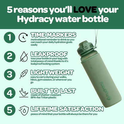 Hydracy Water Bottle with Time Marker - Large 32 oz BPA Free Gym Bottle & No Sweat Sleeve -Leak Proof Lid with Fruit Infuser Strainer & Times to Drink - Ideal for Fitness Sports & Outdoors