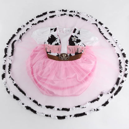 HAPNBCELE Pink Cowgirl Costume for Girls Cow Outfits with Hat Halloween Cosplay (Pink, 11-12 Years)