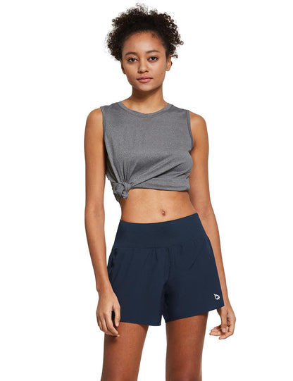 baleaf Women's 5" Workout Shorts Gym Running Shorts Athletic with Liner High Waistband Quick Dry Sports Zipper Pockets Navy M