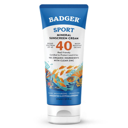 Badger Reef Safe Sunscreen, Unscented SPF 40 Sport Mineral Sunscreen, 98% Organic, Water Resistant Zinc, Approved for Hawaii & Mexico Reefs, 2.9 fl oz