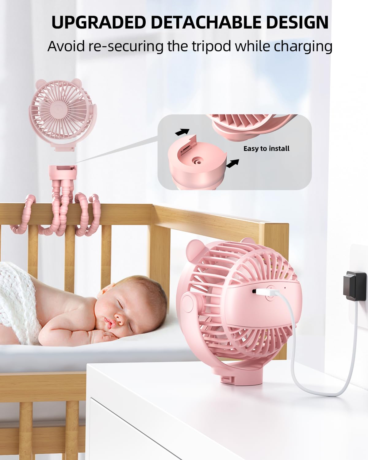 ASNUG Portable Mini Stroller Fan, Battery Operated Small Clip on, Detachable Flexible Tripod Baby Fan with 3 Speed, Rechargeable Personal Fan for Car Seat Crib Treadmill Travel