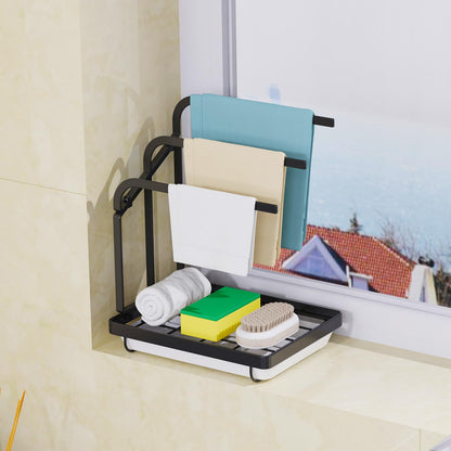 Apsan Sponge Holder with Drain Pan for Kitchen Sink, Kitchen Sink Caddy Organizer for Sponge Brush Soap Dish Dishcloth Rack, Small Black