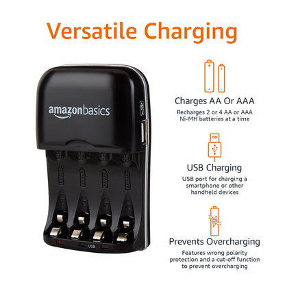 Amazon Basics Rechargeable Battery Charger for AA & AAA Nickel-Metal Hydride (NiMH) Batteries with USB Charging Port, Black