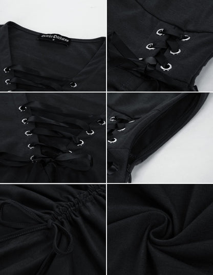 Women Steampunk Dress Lace Up V Neck Ruffle Hem Sleeveless Dress for Halloween Black M