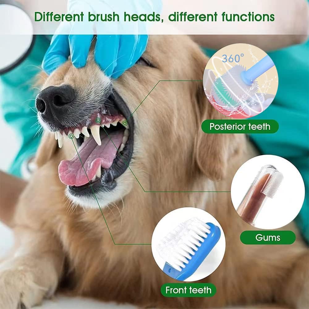 AZOFFYIU Triple Head & Double Head Dog Toothbrush Set, Finger Rubber Toothbrush, Multi-Angle Dental Cleaning Brushes for Cat Oral Health