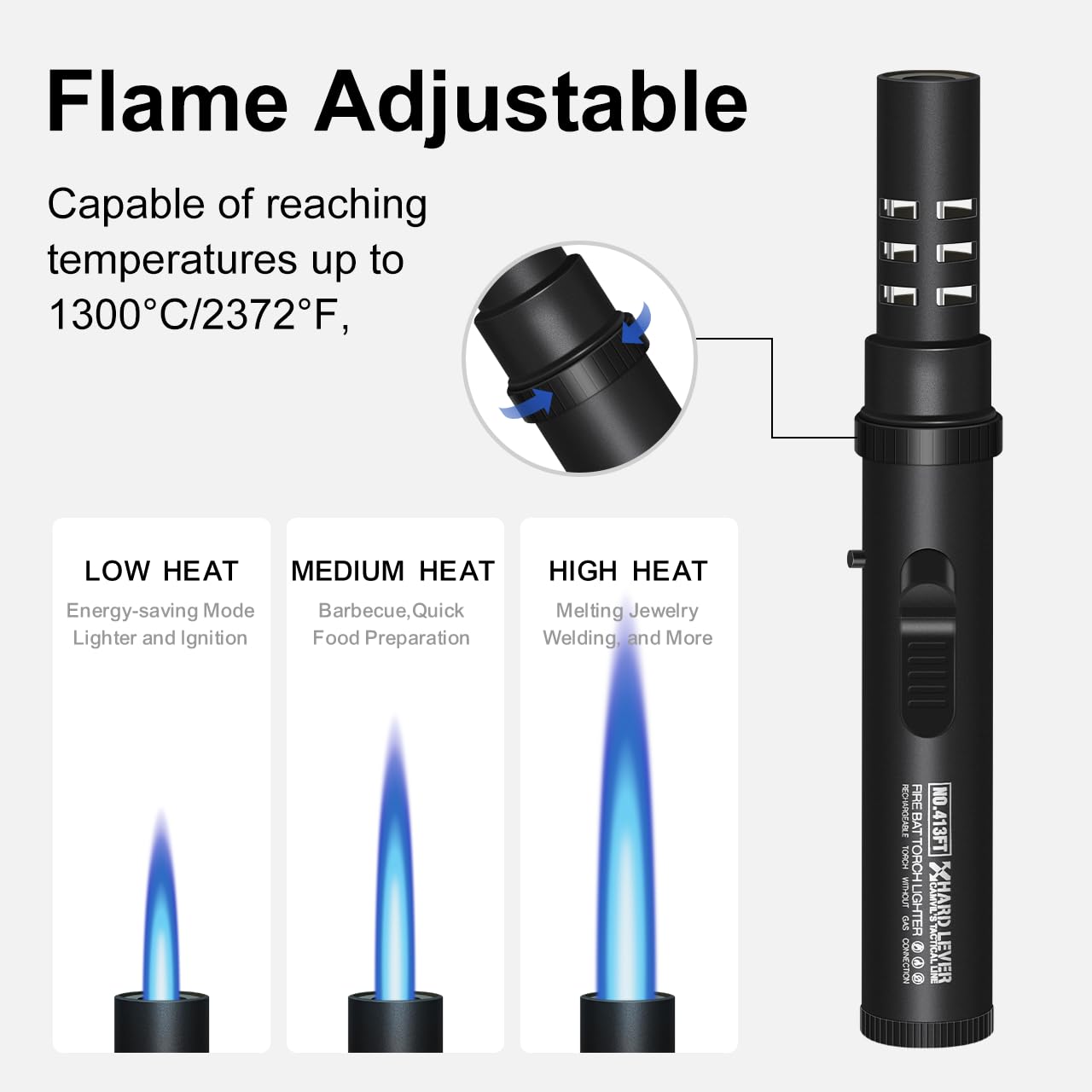 Camping Torch Lighter, Windproof Butane Torch Lighter with Fuel Indicator&Safety Lock, Refillable Butane Lighter with Adjustable Jet Flame for Outdoor Adventure Hiking Candles BBQ Campfires (Black)